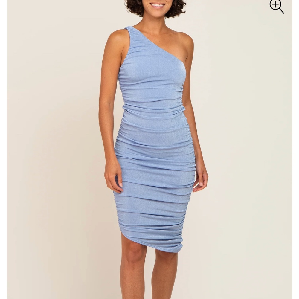 PinkBlush Light Blue One Shoulder Ruched Maternity Midi Dress